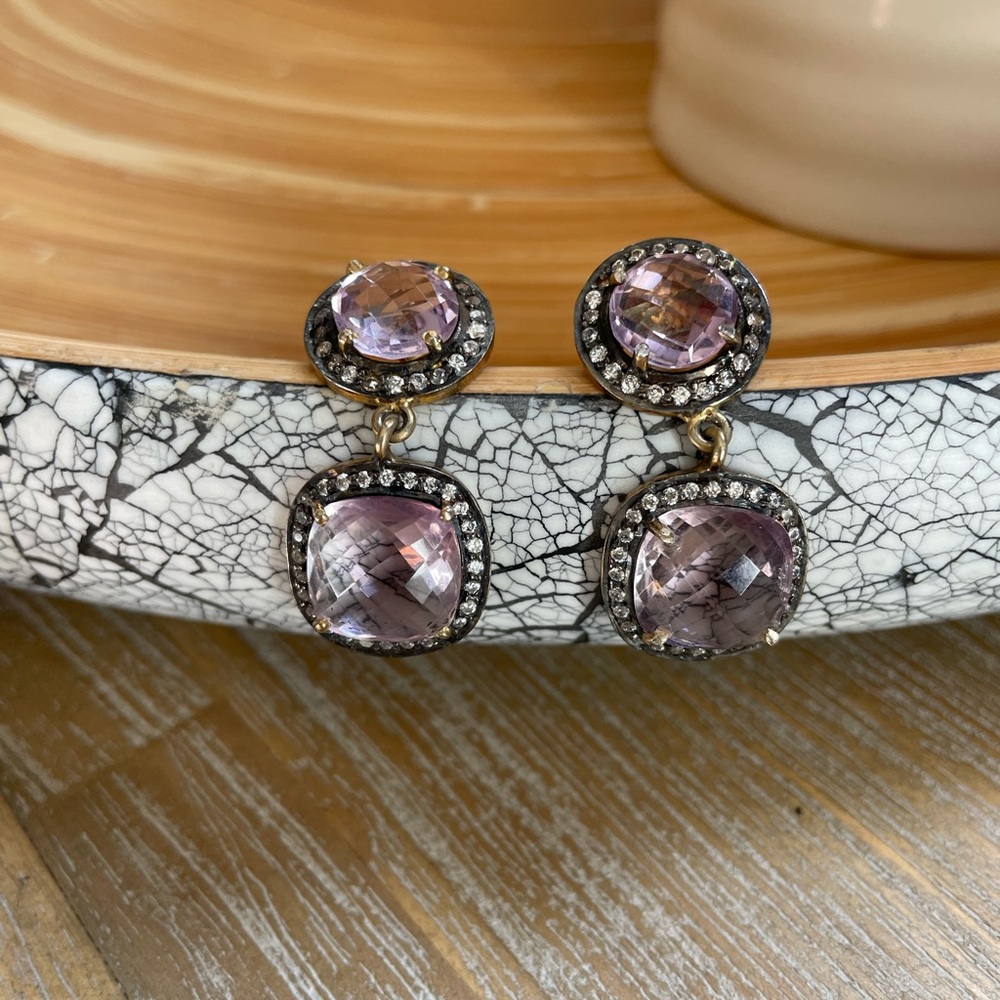 Elegant Pale Lavender and Gold Drop Earrings - Picture 2 of 5